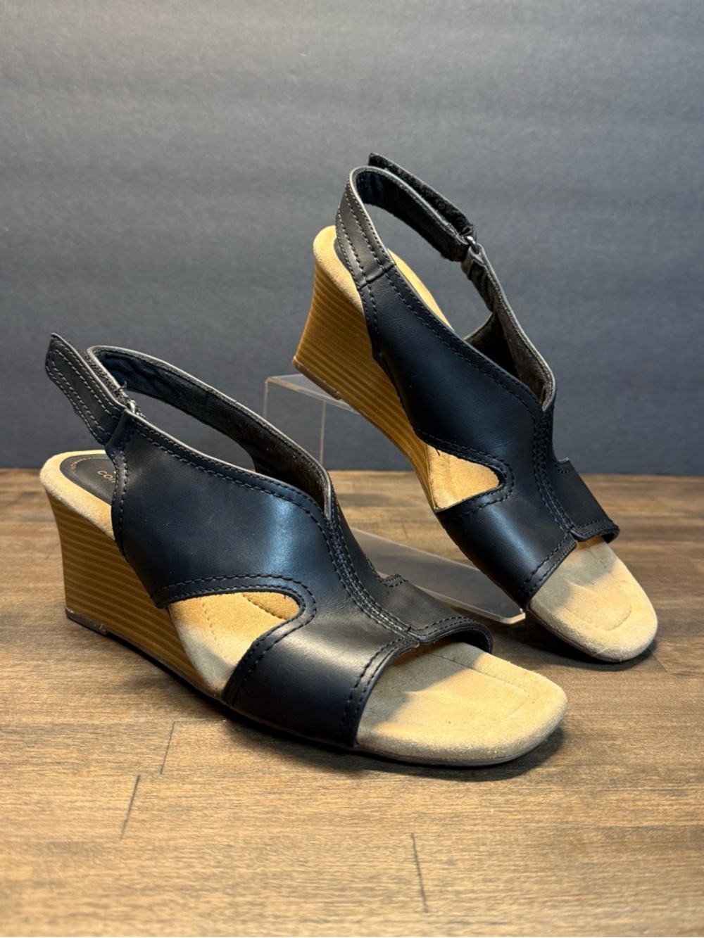 Clarks Black Leather Wedge Sandals with Tan Wedge